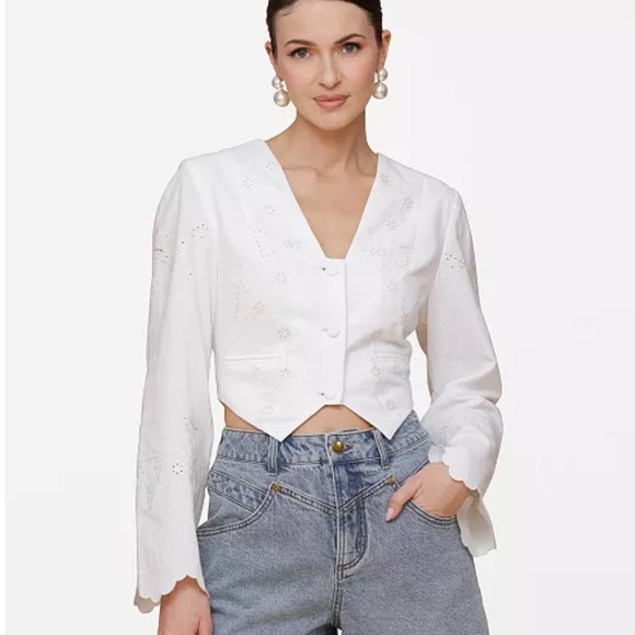 Avec Les Filles Women's Cotton Eyelet Vest-Style Top White Embroidered Sz L - Picture 2 of 13